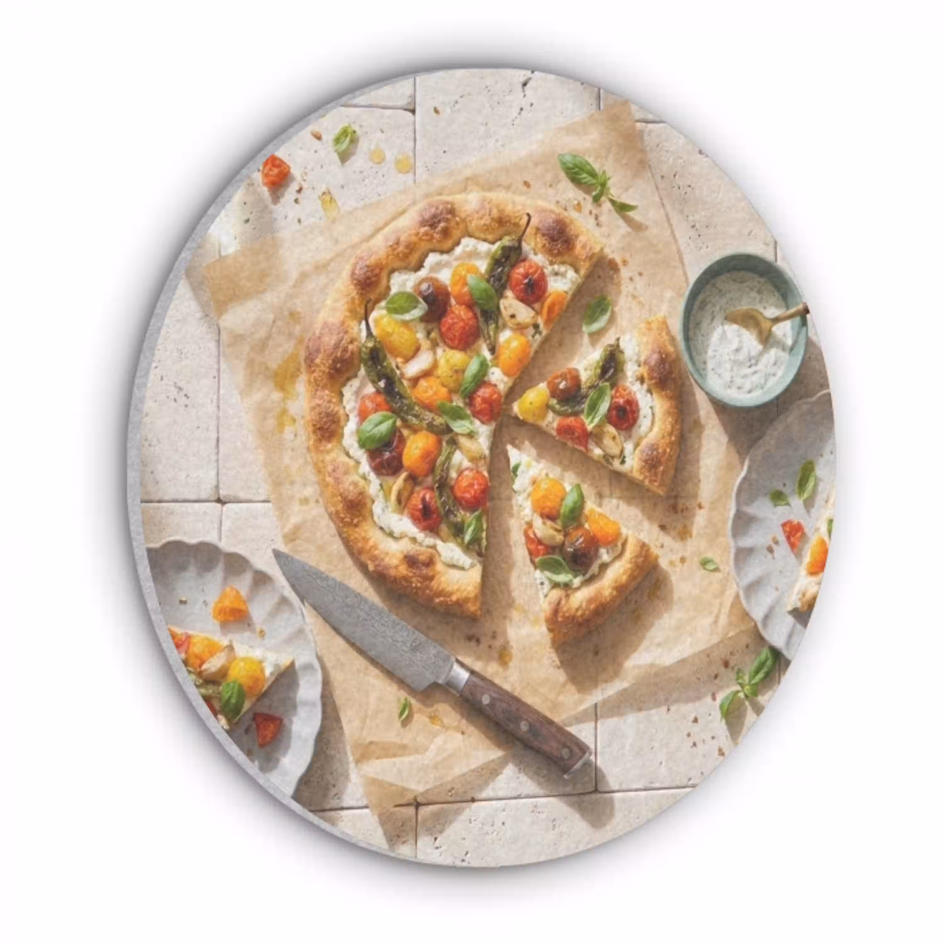 Eten - Tomaten - Basilicum - Maaltijd - Vers Akoestische PET Vilt - Rond klein -3d