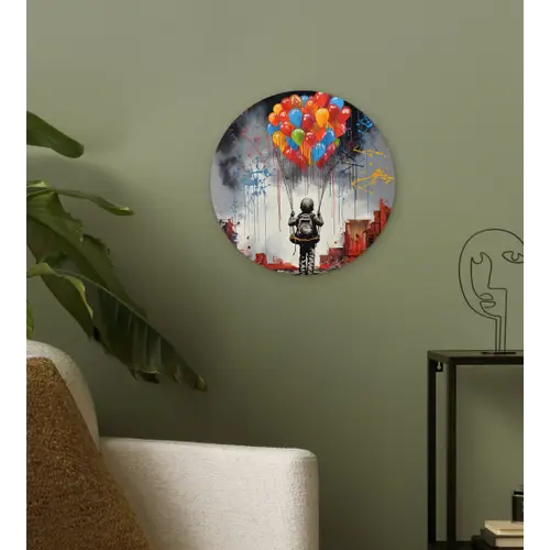 Jongen - Ballonnen - Gebouwen - Kunst Wandcirkel kunststof plaat 5mm dik klein -sfeer3