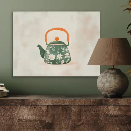 Theepot - Groen - Bloemen - Oranje PET vilt klein -sfeer2