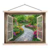 Doorkijk - Bloemen - Tuinpad - Natuur - Raam textielposter latten blank klein -3d