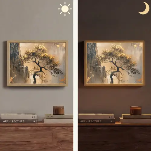 Boom - Goud - Landschap - Verf Light Box met batterij (Wandlamp) middel -sfeer3