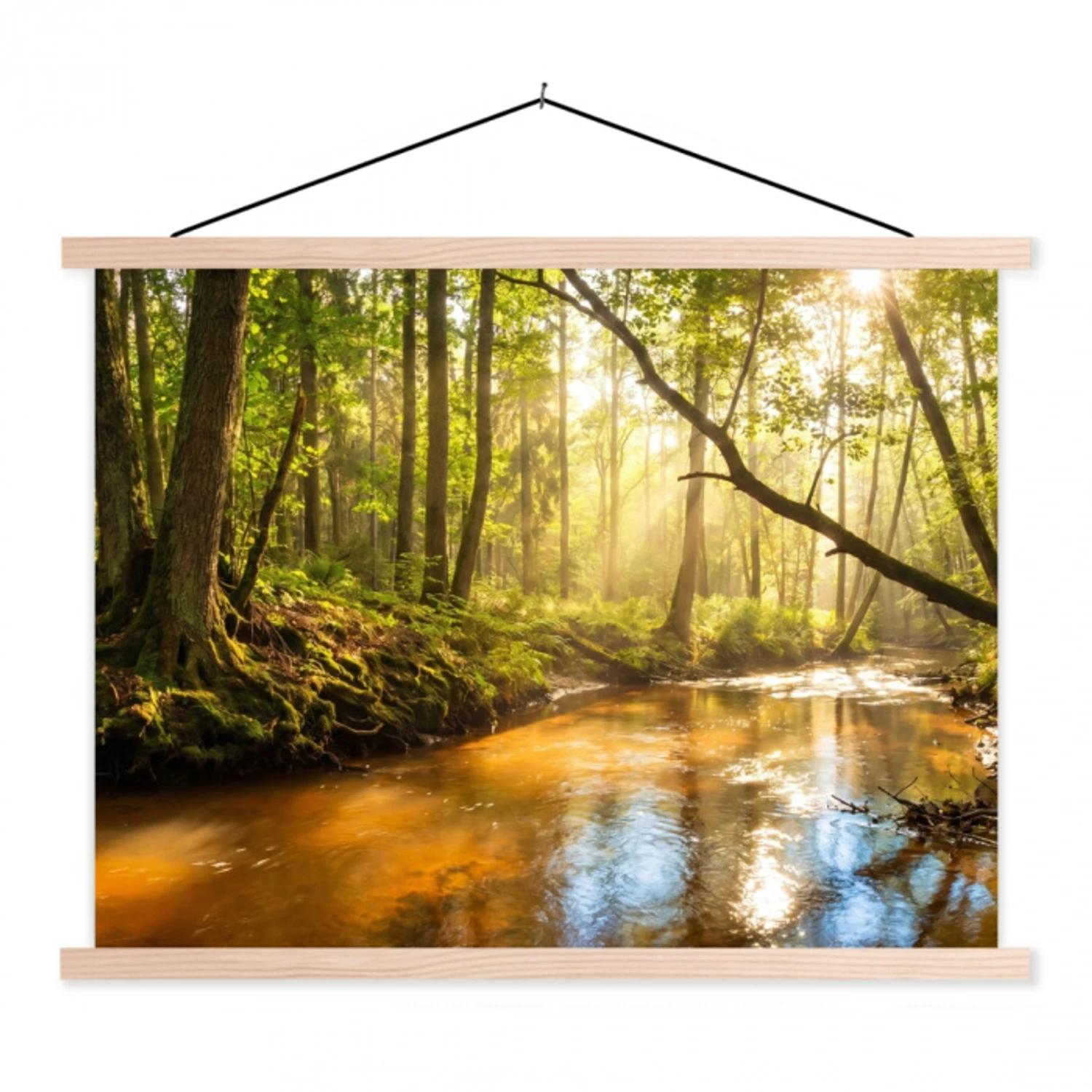 Bos - Beek - Zonlicht - Natuur - Groen textielposter latten blank klein -3d