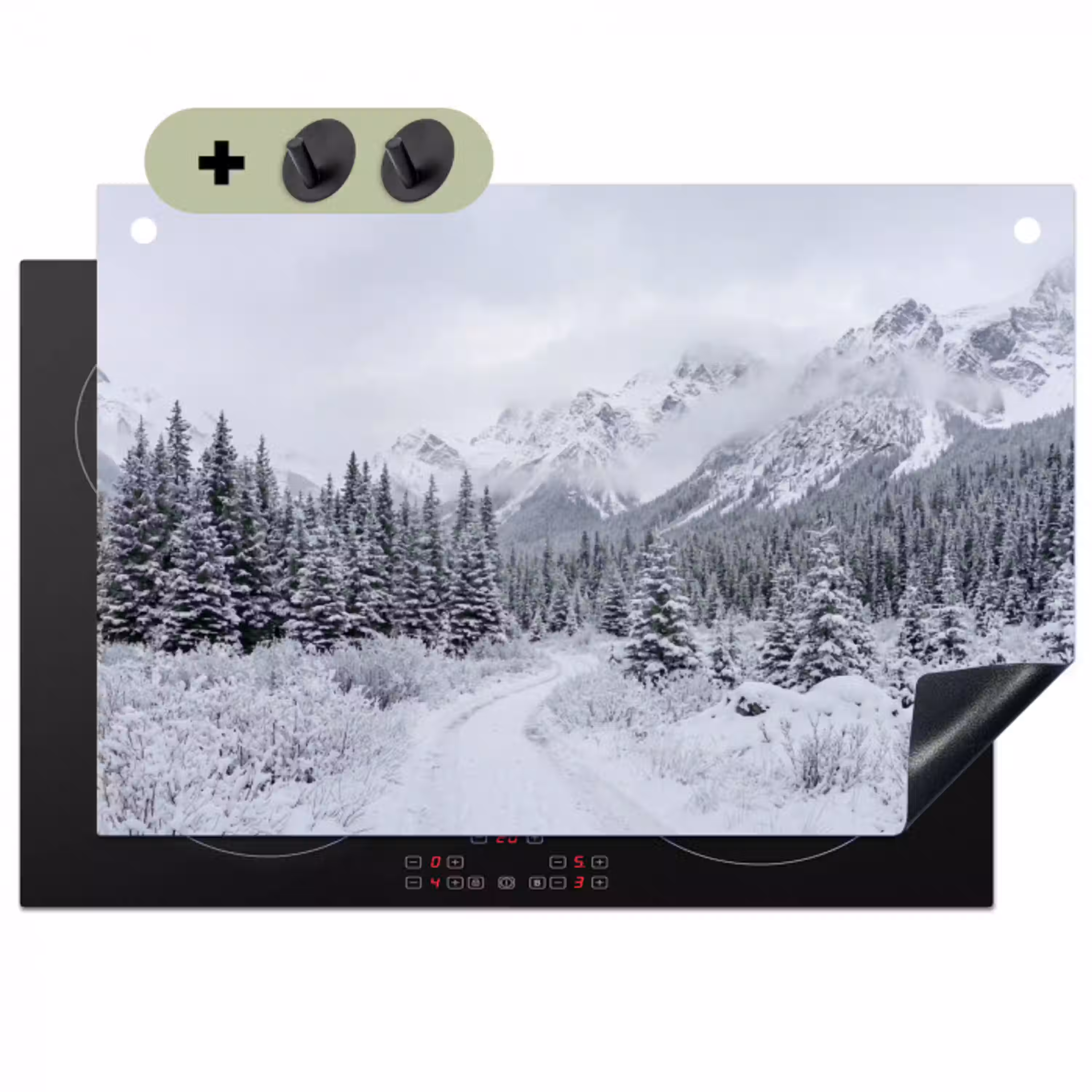 Weg - Bergen - Sneeuw - Naaldbos - Avontuurlijk Inductie beschemer met haakjes klein -3d