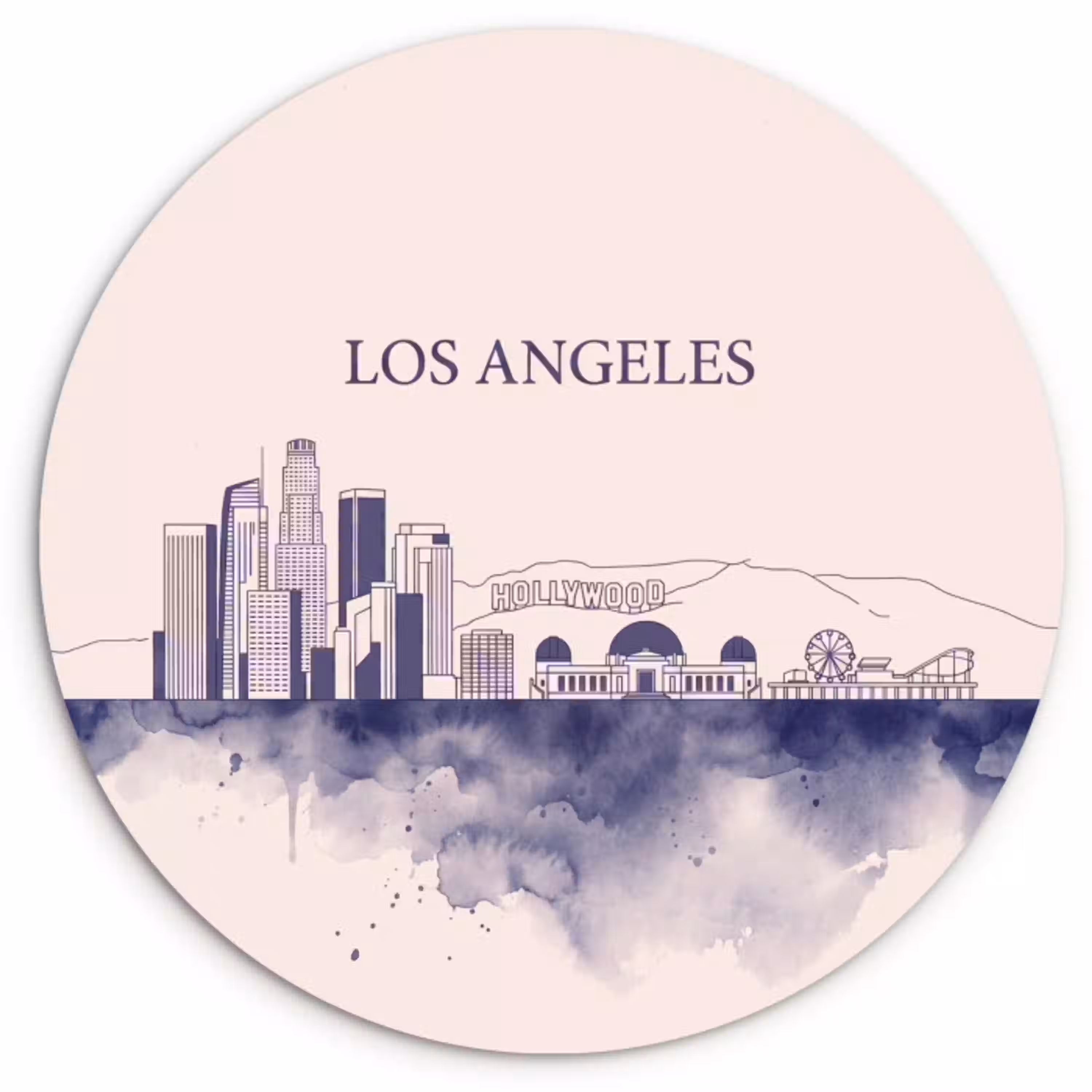 Los Angeles - Skyline - Architectuur - Aquarel - Blauw Wandcirkel kunststof plaat 5mm dik klein -3d