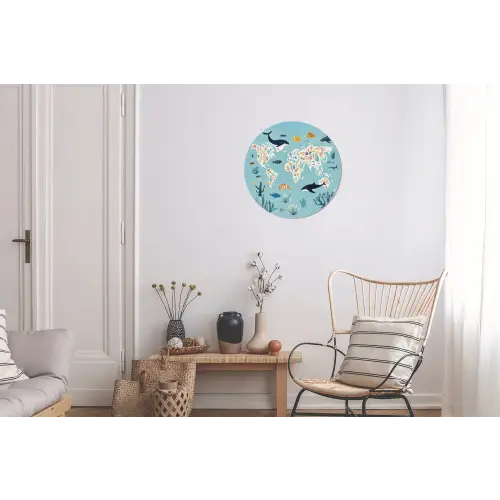 Wereldkaart - Zeeleven - Blauw Wandcirkel aluminium klein -woonkamer