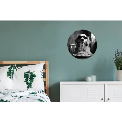 Golden Retriever - Hond - Vrolijk -  Bord spaghetti - Zwart - wit Wandcirkel aluminium klein -slaapkamer
