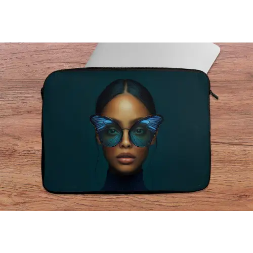 Vrouw - Vlinder - Bril - Blauw - Modern - Portret laptophoes neopreen klein -tafel