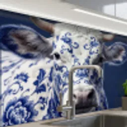 Koe - Delfts - Blauw - Artistiek keuken achterwand 2 middel -zzzz3d_schuin