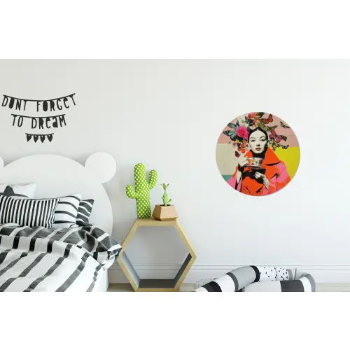 Retro - Vrouw - Kopje - Vlinders Wandcirkel aluminium klein -kinderkamer