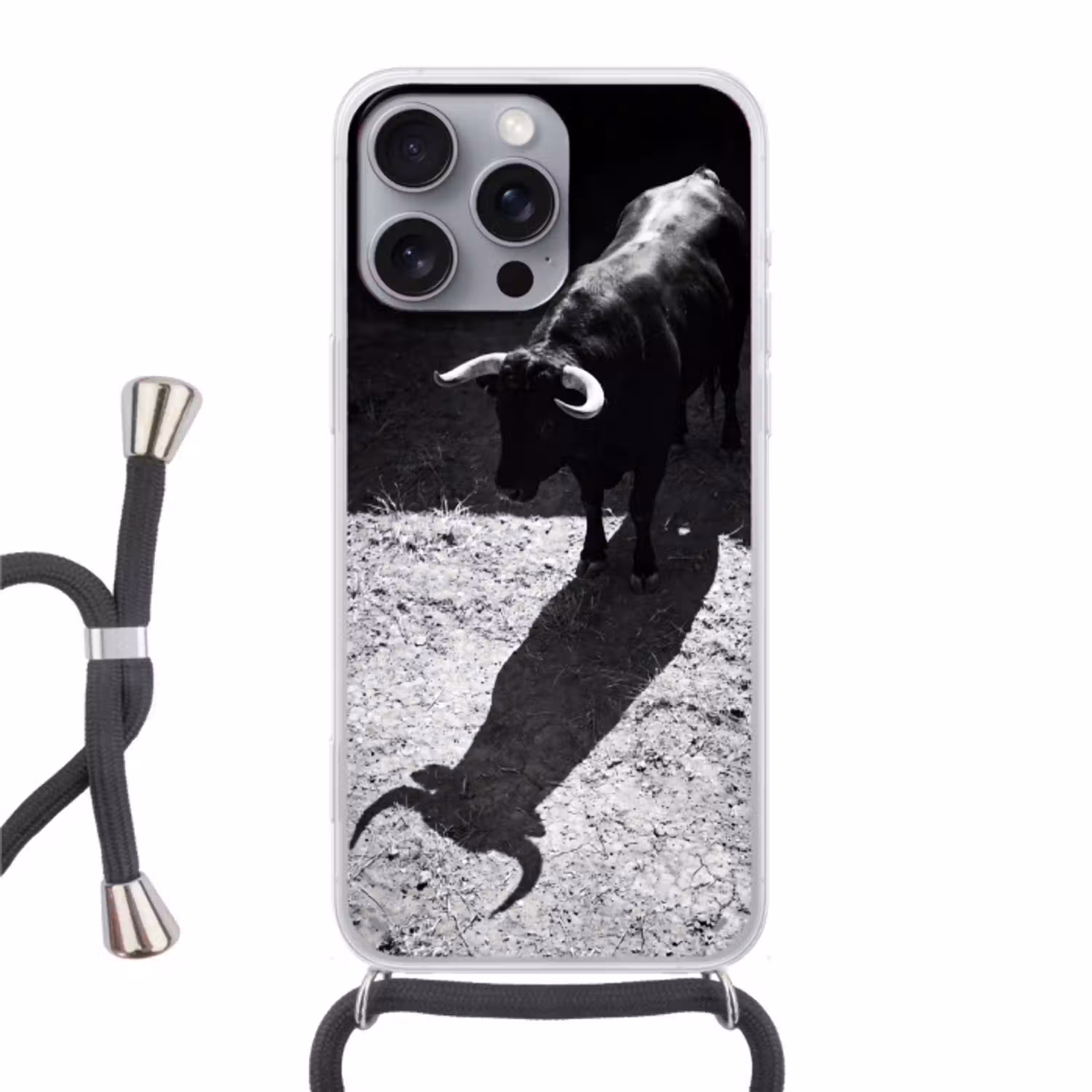 Stier - Schaduw - Dieren - Contrast - Zwart-wit Hoesje iPhone 16 Pro Max met koord klein -3d
