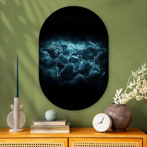 Wereldkaart - Bliksem - Blauw Wandcirkel Ovaal Glas middel -sfeer2
