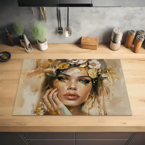 Vrouw - Bloemen  - Goud - Portret Inductie beschermer vinyl 3mm klein -sfeer5