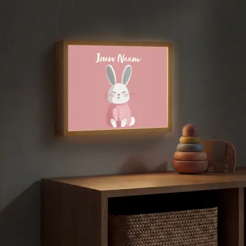 Illustratie - Konijn - Roze - Minimalistisch Light Box met batterij (Wandlamp kind) middel -sfeer5_kind