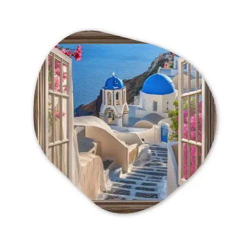 Doorkijk - Santorini - Landschap - Blauw - Grieks Wandcirkel Organisch Aluminium middel -3d