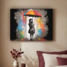 Meisje - Kunst - Paraplu - Graffiti - Kleuren - Muur Textielframe zwart klein -sfeer1