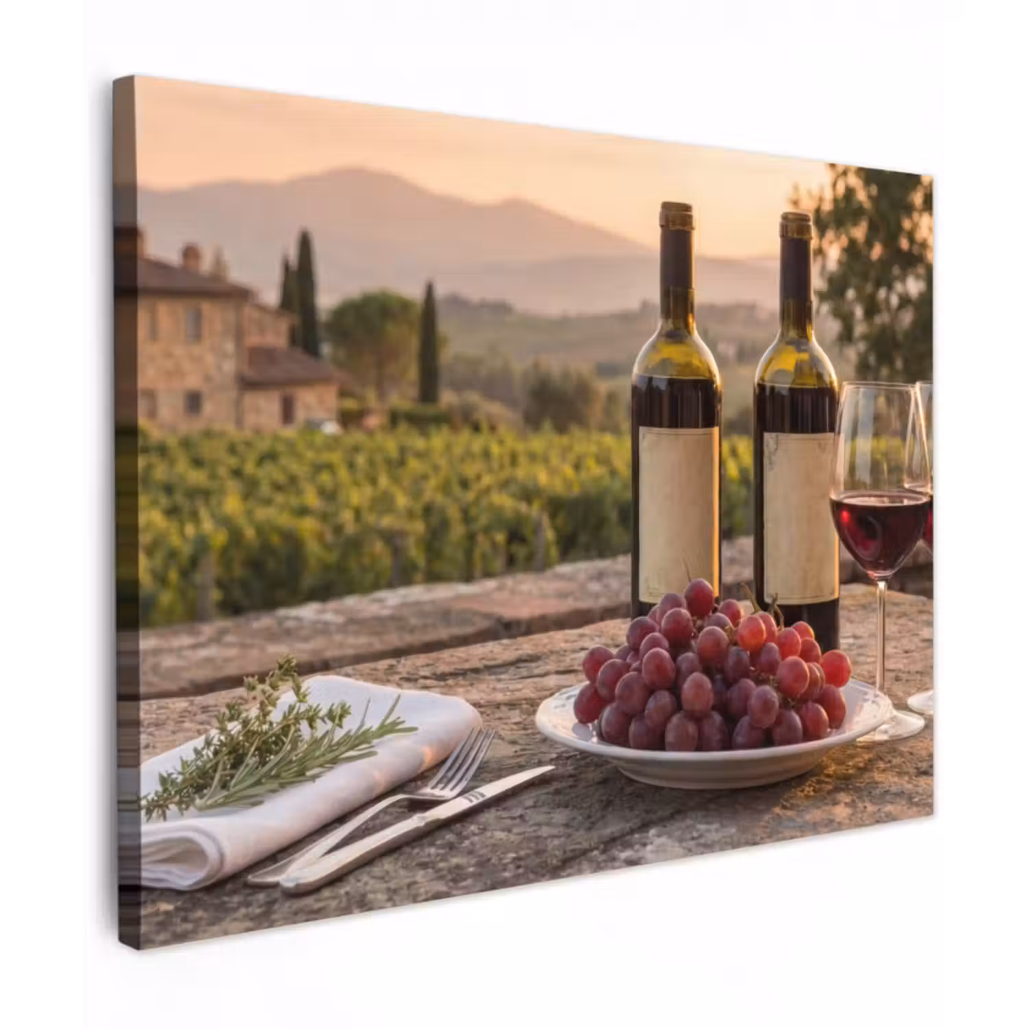 Leinwandbild - Wein - Gläser - Trauben - Weinberg