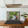 Doorkijk - Bloemen - Tuinpad - Natuur - Raam keuken achterwand spatscherm klein -sfeer2