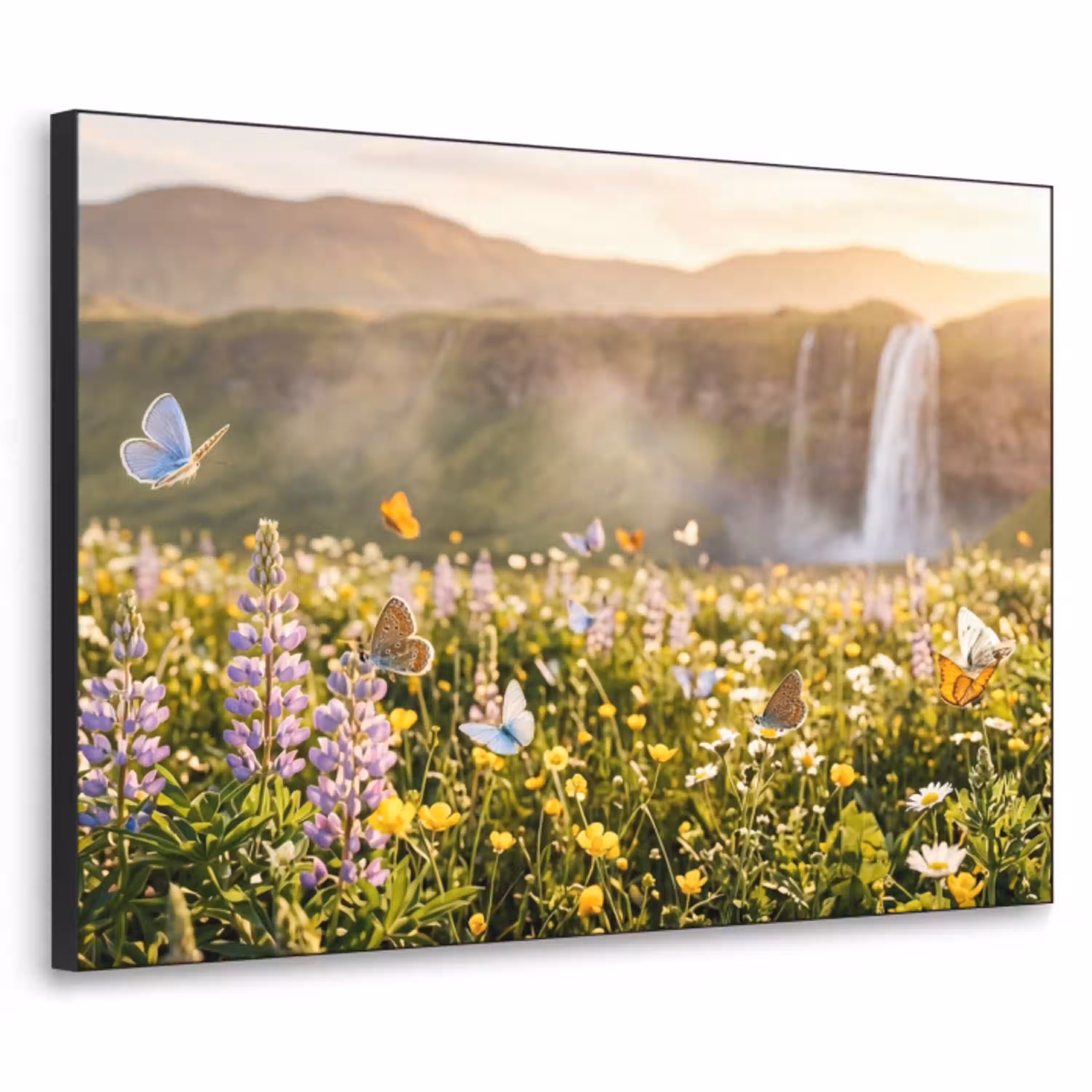Vlinders - Waterval - Bloemenveld Textielframe zwart klein -3d