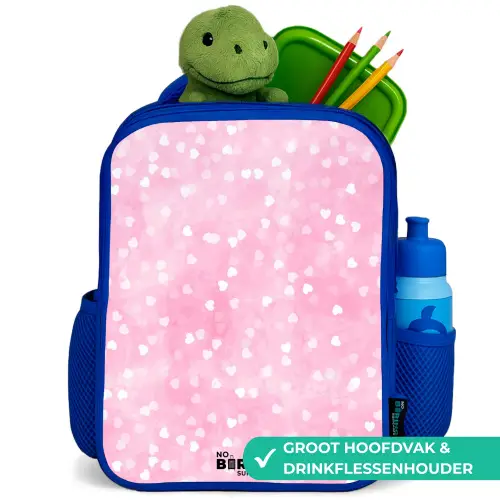 Roze glitter hartjes Kinderrugzak - Blauw middel -inhoud_NL