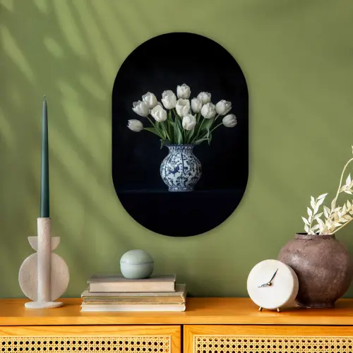 Wit - Bloemen - Tulpen - Vaas Wandcirkel Ovaal Forex klein -sfeer2