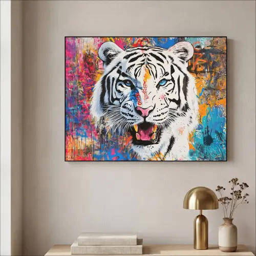 Street art - Tijger - Wit - Graffiti - Dieren Textielframe zwart klein -sfeer2