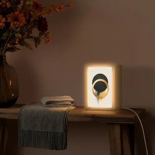 Abstract ontwerp - Zwarte cirkel - Verfvlekken Light Box met kabel (Tafellamp) klein -sfeer4