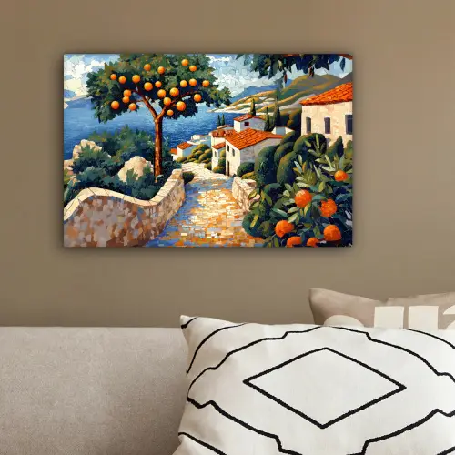 Huizen - Mozaïek - Sinaasappelbomen - Zee canvas 2cm klein -sfeer3
