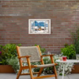 Winterlandschap - Huisje - Bergen - Uitzicht - Doorkijk - Natuur Tuinposter op houten frame 2 cm dik klein -sfeer3