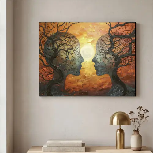 Bomen - Gezichten - Zon - Kunst Textielframe zwart klein -sfeer2