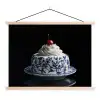Taart - Slagroom - Kers - Bord - Delfts blauw textielposter latten blank klein -3d