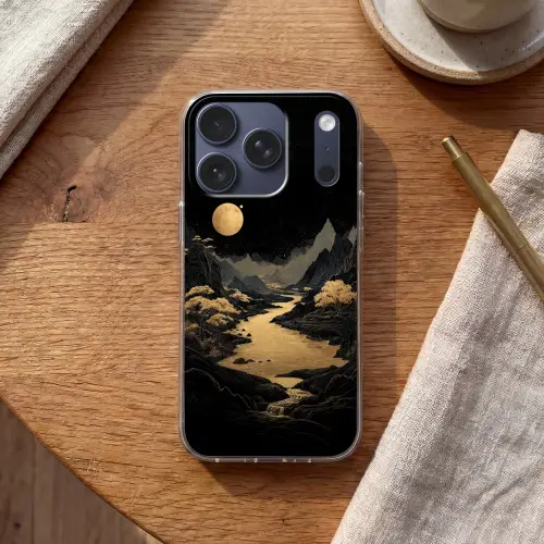 Gouden rivier - Bergen - Maan - Sterrenhemel Telefoonhoesje iPhone 17 Pro klein -sfeer1