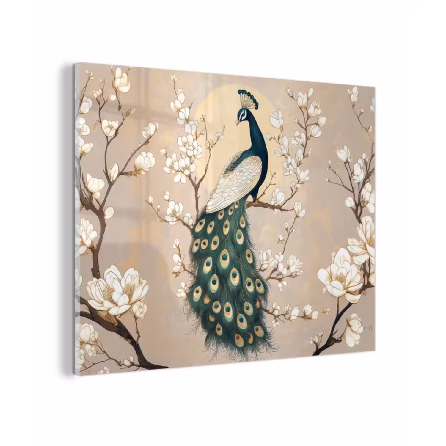 Glas schilderij - Pauw - Tak - Bloemen