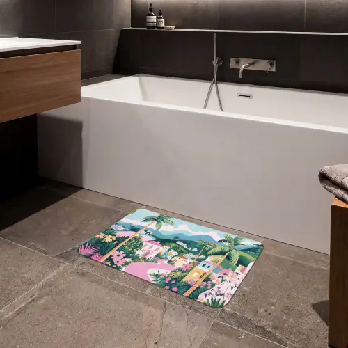 Kleurrijk - Huizen - Heuvels - Roze Badmat klein -sfeer3