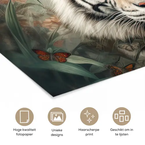 Tijger - Vlinders - Dieren - Jungle - Bloemen poster papier klein -closeup_NL