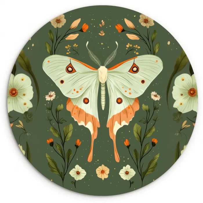 Bloemen - Bladeren - Olijfgroen - Vlinder Wandcirkel kunststof plaat 5mm dik klein -3d