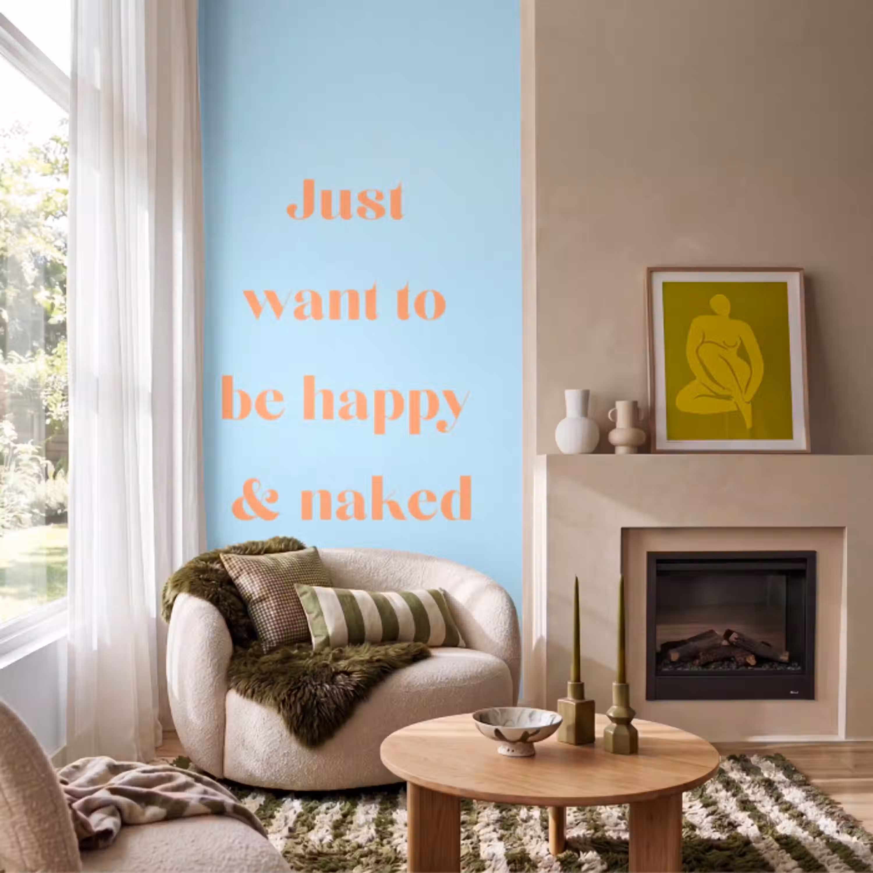 Blauw - Oranje - Just want to be happy & naked Behang Vlies klein -sfeer2
