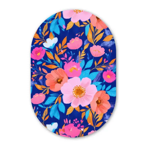 Bloemen - Blauw - Roze Wandcirkel Ovaal Glas middel -3d