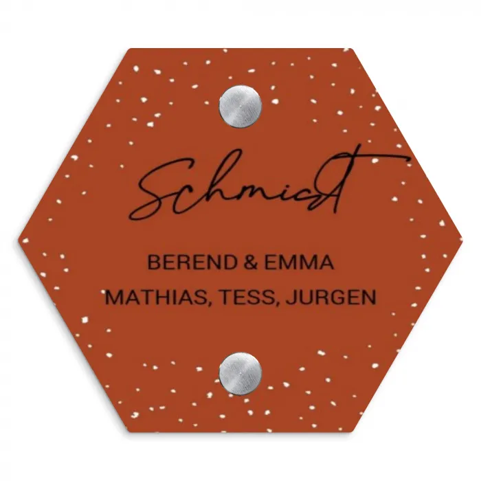 Roestbruin met stippen - Sierlijk Naambord Hexagon klein -3d