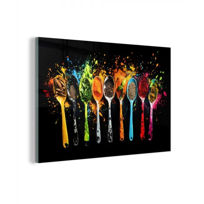 Glas schilderij - Lepels - Kruiden - Modern - Graffiti - Verf - Kleurrijk
