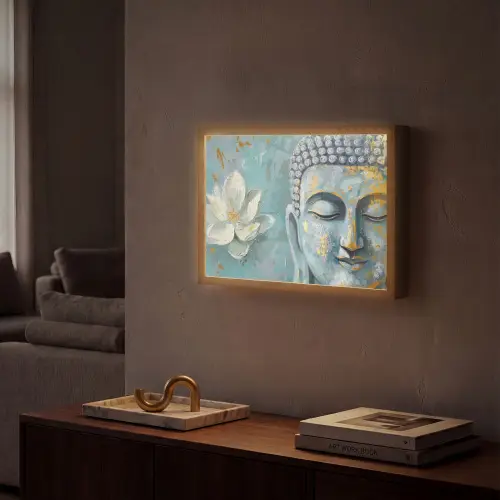 Boeddha - Bloem - Lotus - Goud - Blauw Light Box met batterij (Wandlamp) middel -sfeer1