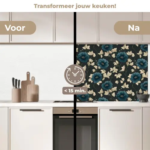 Botanisch - Bloemen - Blauw keuken achterwand 2 middel 871 -voor-na2_NL