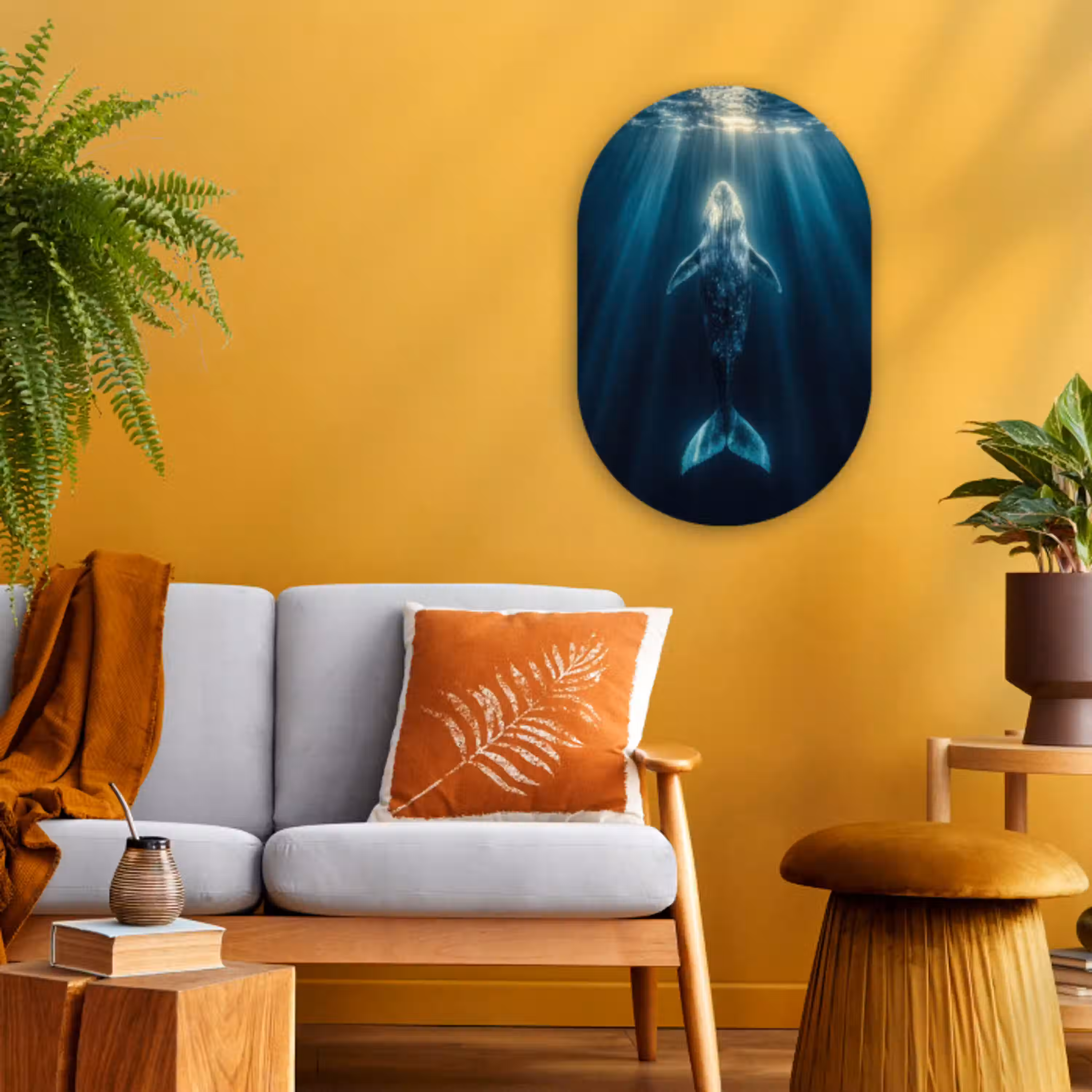 Walvis - Water - Zonnestralen - Blauw Wandcirkel Ovaal Forex klein -sfeer4