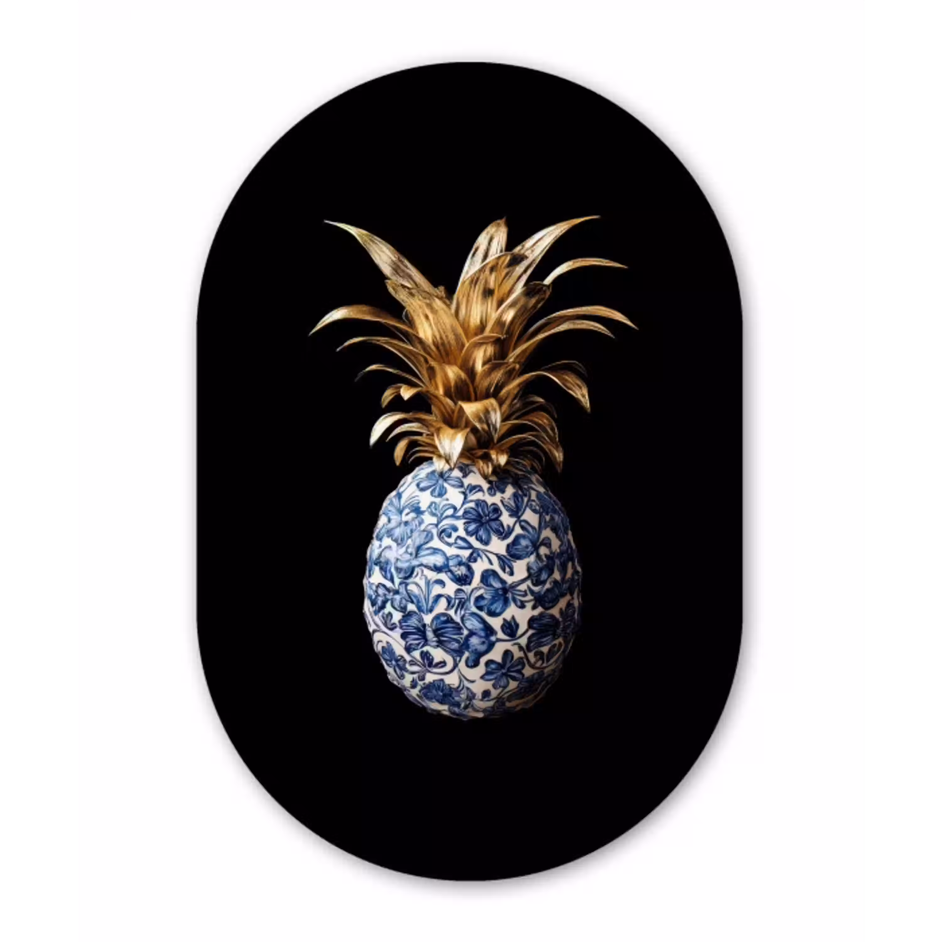 Ananas - Bloemen patroon - Goud - Delftsblauw Wandcirkel Ovaal Glas middel -3d