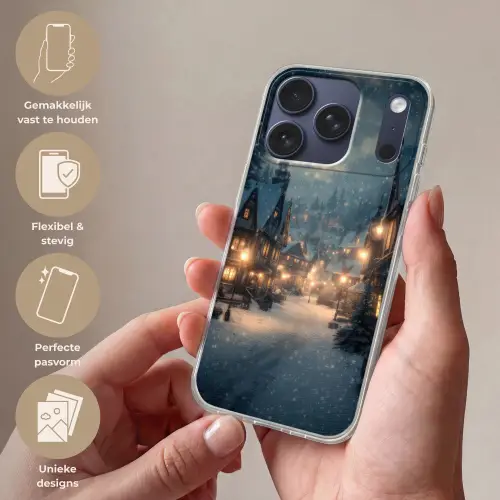 Winterdorp - Sneeuw - Donker Telefoonhoesje iPhone 17 Pro klein -sfeer3_NL