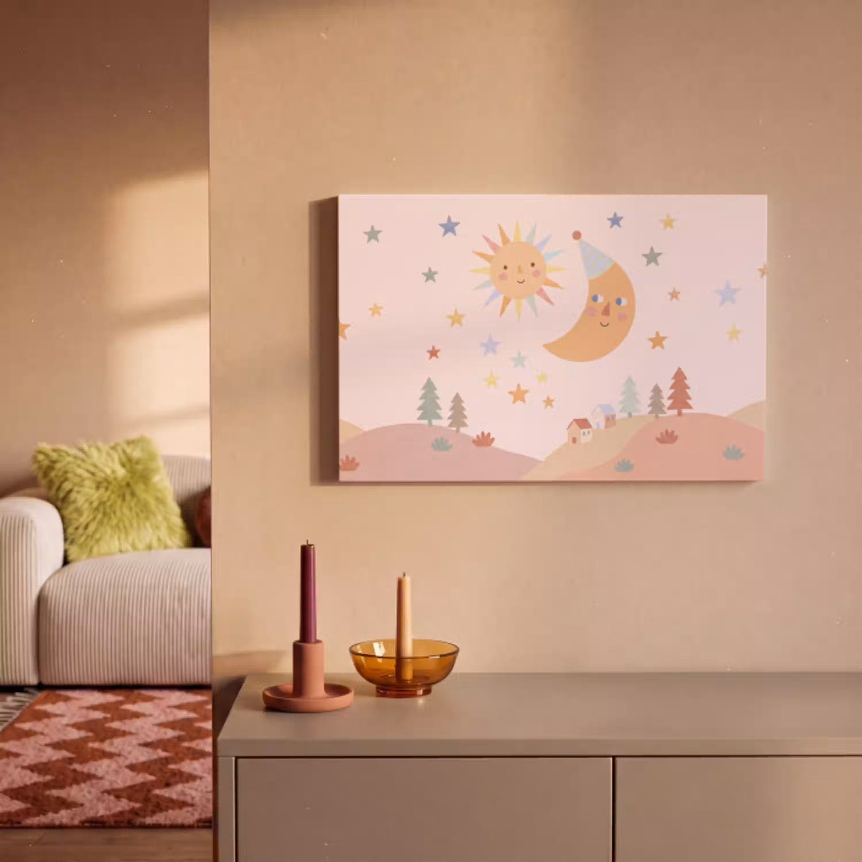 Zon - Maan - Sterren - Kinderkamer - Pastel canvas 2cm klein -sfeer1