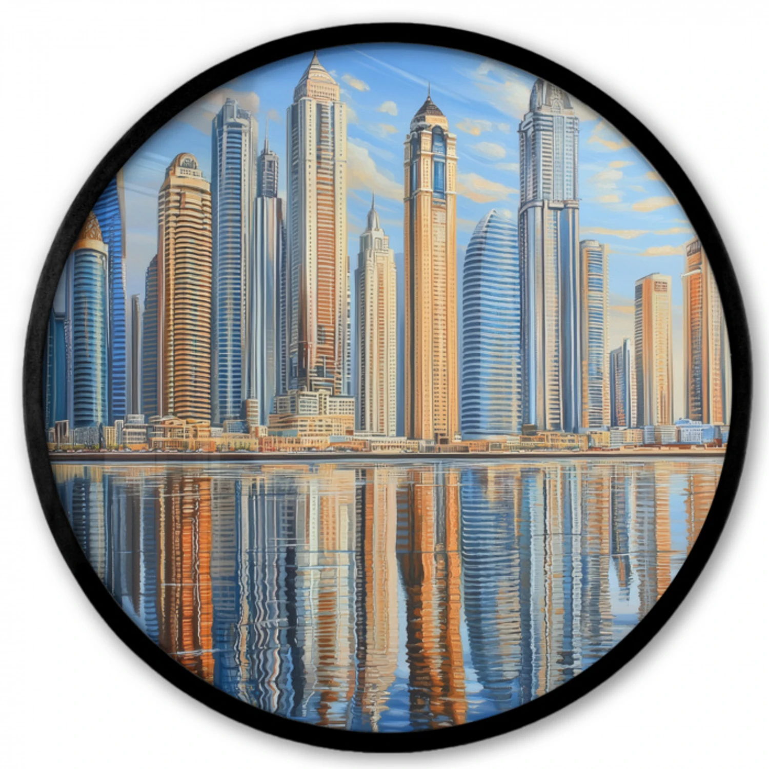 Skyline - Wolkenkrabbers - Water - Blauw Fotolijst rond zonder passe partout klein -3d