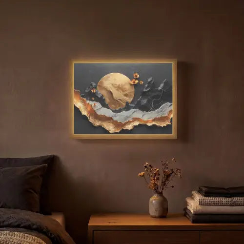 Kunst - Goud - Modern - Abstract Light Box met batterij (Wandlamp) middel -sfeer4