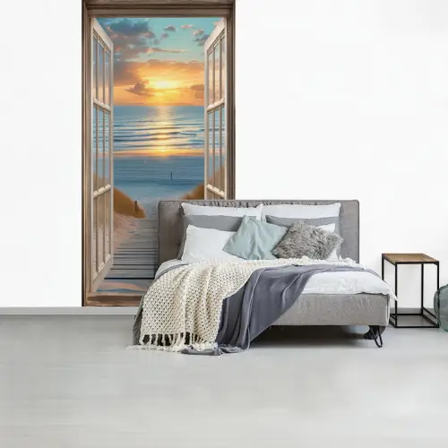 Doorkijk - Strand - Pad - Zonsondergang fotobehang vinyl groot -slaapkamer