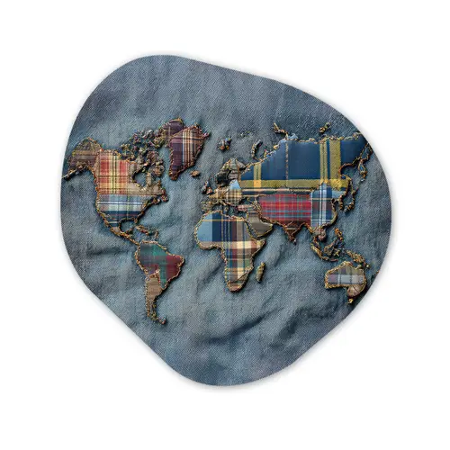 Wereldkaart - Denim - Textiel Wandcirkel Organisch Plexiglas middel -3d