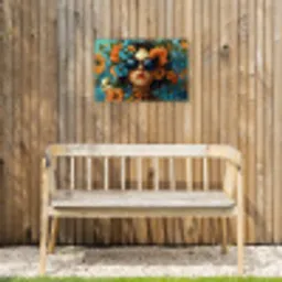 Vrouw - Bloemen - Oranje - Blauw - Modern Tuinposter op houten frame 2 cm dik klein -sfeer4